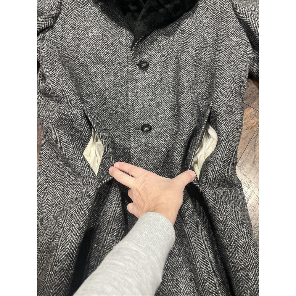Vintage Botany Weather Topper Coat / Overcoat 40 Long Herringbone Faux Fur Lined - Picture 12 of 13